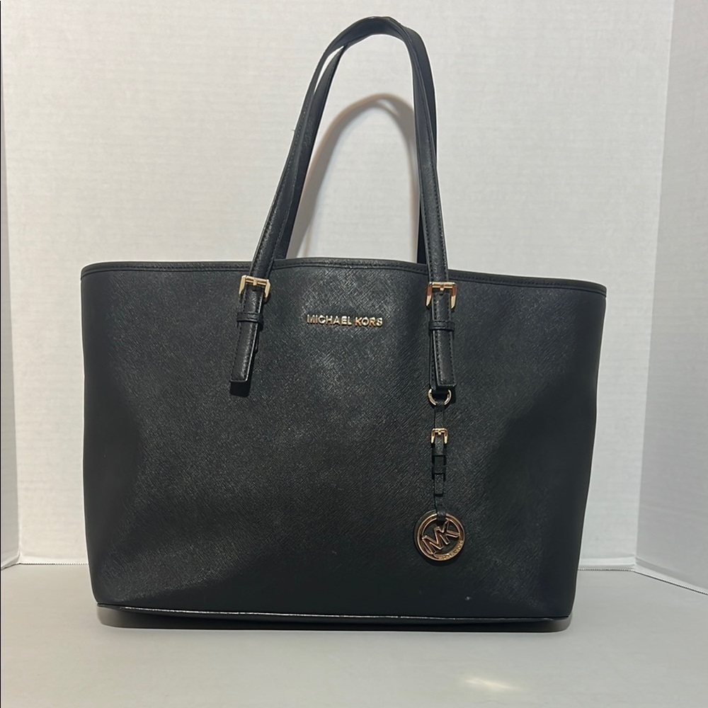 Michael Kors Black Saffiano Large Tote with Gold Accents Size: 11X18